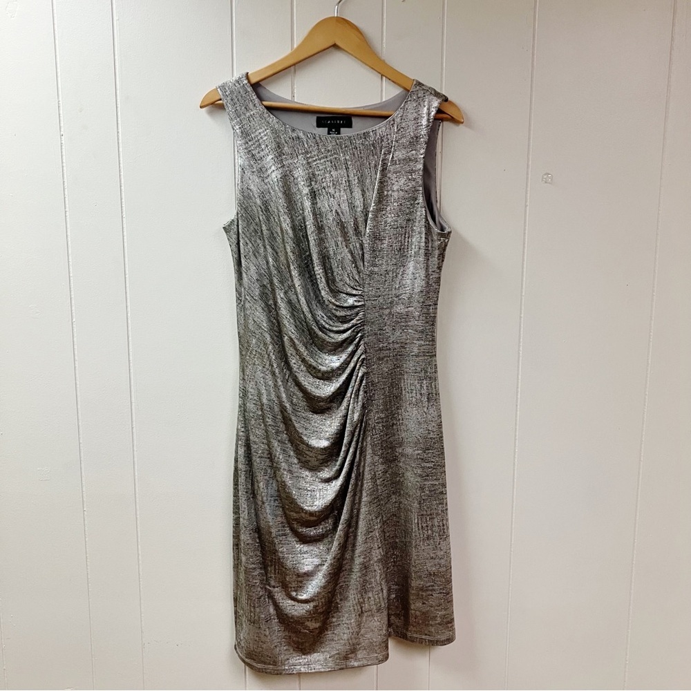 Vintage SCARLETT Silver Metallic Ruched Dress Shimmery SIZE 14 Cocktail Party
